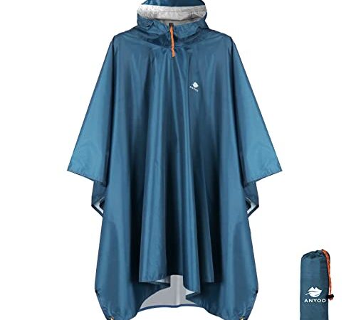 Anyoo Leichter Wasserdichter Regenponcho Wiederverwendbar Ripstop Atmungsaktiver Mehrzweck Regenmantel mit Kapuze Faltbare Schutzdecke Unterschlupf für im Freien Camping Wandern Angeln-Meeresblau