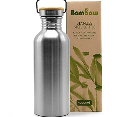 Bambaw Trinkflasche 1l Edelstahl | Langlebige Wasserflasche 1l| Wiederverwendbare öko Wasserflasche | Für Camping & Lagerfeuer | Trinkflasche Metall ohne Plastik | Sportflasche auslaufsicher