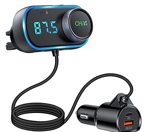 Bluetooth FM Transmitter Auto, Transmitter Bluetooth Adapter Auto QC3.0 & PD3.0 20W Dual USB Ladegerät, Bass Boosted & Hi-Fi Stereo, Freisprecheinrichtung, Unterstützt AUX Ausgang/USB-Sticks