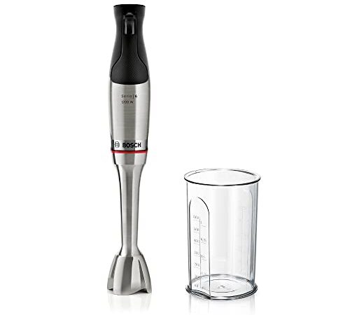 Bosch ErgoMaster Serie 6 MSM6M810 Einhand-Stabmixer, 10 Jahre Motorgarantie, Edelstahlklingen, verschleißfreie Keramikkupplung, QuattroBlade, Mixbecher, 1200W