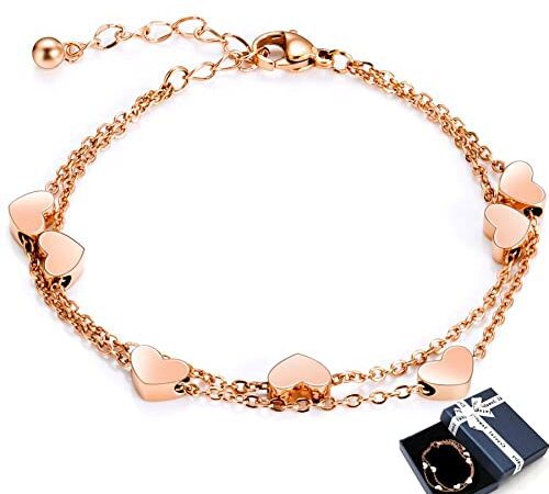 Crazy-m Rosegold Herzen Damen Armband Layered Armband mit Herz Anhängern Doppelt Kette Armband für Frau Armkette Edelstahl Bracelet aus Titan
