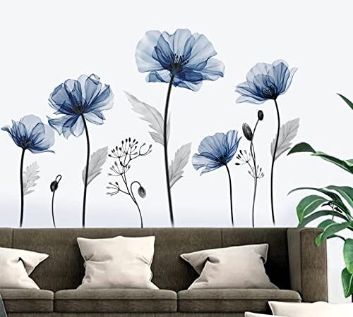 decalmile Wandtattoo Blumen Groß Blau Wandaufkleber Mohnblumen Pflanzen Wandsticker Wohnzimmer Schlafzimmer Badezimmer Wanddeko