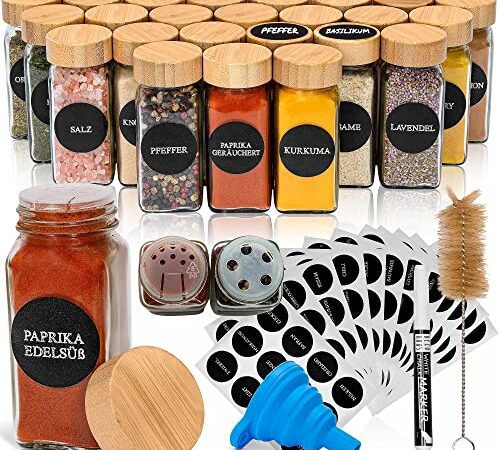 Deco haus Gewürzgläser Eckig Set mit Gewürzetiketten - Gewürzgläser mit Streueinsatz 24er Set Gewürzdosen Set Gewürzbehälter Gewürzaufbewahrung - Gewürzstreuer Glas Spice jars Gewurzglaeser