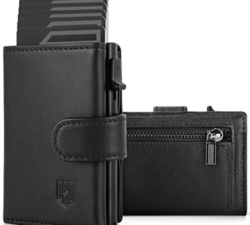 DODENSHA Kreditkartenetui geldbörse Herren | RFID-Kreditkartenetui mit Münzfach | Automatisches Pop-up-Kartenetui aus Aluminium für 8-10 Karten | Ausweisfenster | Schwarz