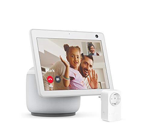 Echo Show 10 (3. Generation), Weiß + Amazon Smart Plug (WLAN-Steckdose), Funktionert mit Alexa - Smart Home-Einsteigerpaket