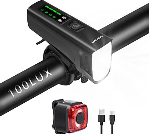 Fahrradlicht USB Aufladbar, 100 LUX Fahrradlicht Vorne+Fahrrad Rücklicht LED Fahrradlicht Set, Fahrradlampe Mit 4 Beleuchtungsmodi und Auto Modi, IPX5 Wasserdicht StVZO Zugelassen Fahrradbeleuchtung