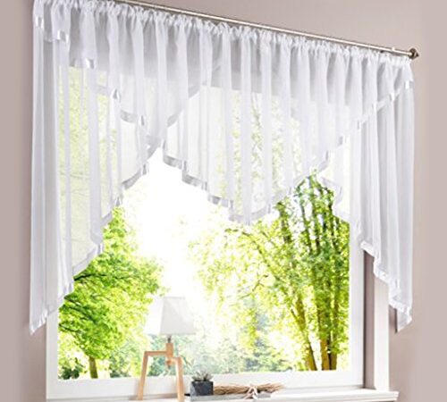 HongYa Kuvertstore transparenter Voile Gardine mit Satinbänder Kräuselband Vorhang H/B 120/300 cm Weiß