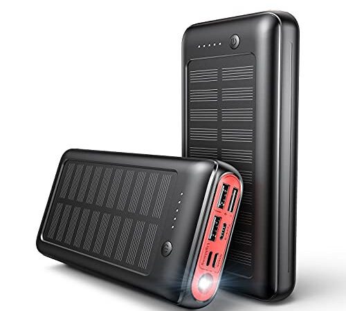 JIGA Solar Power Bank 30000mAh: Solar Powerbank USB-C Ladegerät Externer Akku mit LED-Licht und 4 Ausgängen für iPhone Samsung Camping