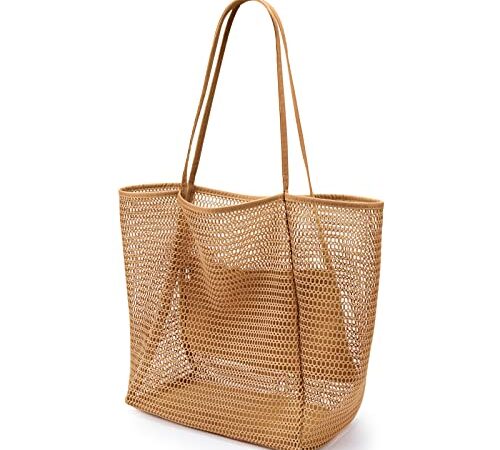 KALIDI Mesh Strandtasche Groß mit Reißverschluss Innentasche, Umhängetasche Damen Badetasche, Faltbare Handtaschen Einkaufstasche Beach Tote Bag für Strand Familie Shopper Reise - 38x35x16cm