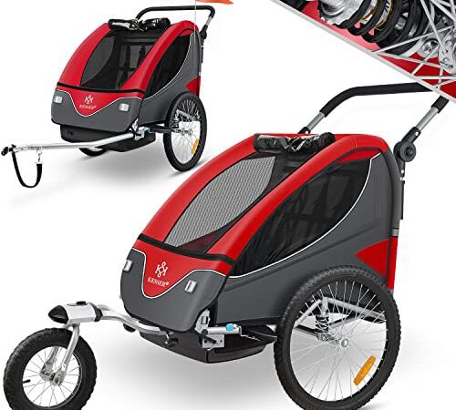 KESSER® Cruiser Kinderanhänger Fahrradanhänger 360° Drehbar mit Federung 2in1 Joggerfunktion Kinderfahrradanhänger + 5-Punkt Gurt Jogger Fahrrad Anhänger für 1 bis 2 Kinder max. 40kg Rot