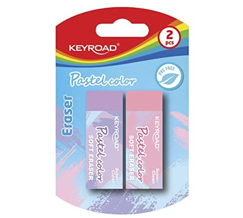 KeyRoad Universal Radiergummi/Radierer für Bleistift und Buntstift/ 2 Stücke/Blister/Farbe: Pastellfarben/Ideal Schule Büro, KR972036