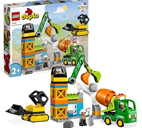 LEGO 10990 DUPLO Baustelle mit Baufahrzeugen, Kran, Bulldozer und Betonmischer-Spielzeug für 2-jährige Jungen und Mädchen mit großen Steinen