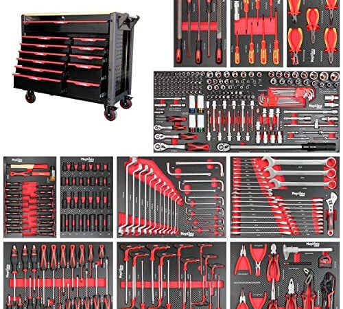 Mephisto Pro-Line Werkzeugwagen Werkstattwagen mit 12 Schubfächer inkl. Werkzeug wie VDE Schraubendreher, Ratsche mit Nusskasten, Schraubendreher-Set usw. in Soft Inlays in Carbonoptik