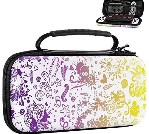 MoKo Tasche Kompatibel mit Nintendo Switch OLED Modell/Nintendo Switch, Tragbare Reise Rundum Schutz Hartschalen Aufbewahrungstasche für Nintendo Switch Zubehör Tragetasche Hülle Case, Lila/Gelb