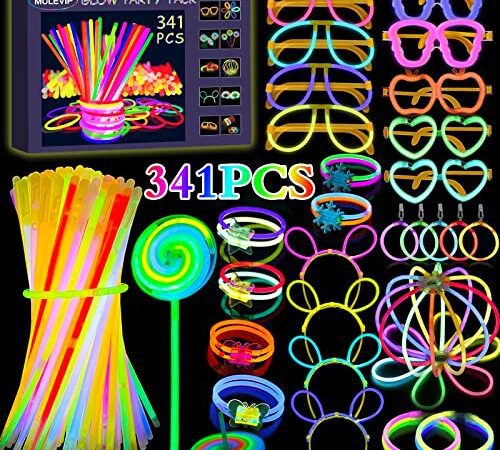 MULEVIP 341 Stück Knicklichter Party Set Glow Sticks Leuchtstäbe Knicklichter,Neon Party Leuchtarmbänder Knicklichter Hochzeit Leuchtspielzeug für Party Deko,Knicklichter Kinder,Neuem Kreisel,Lutscher