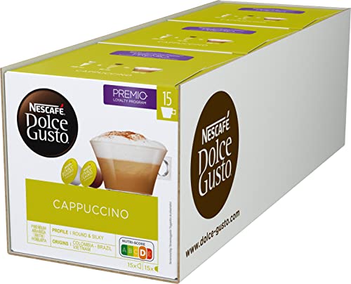 NESCAFÉ Dolce Gusto Cappuccino, XXL-Vorratsbox, 90 Kapseln, 100% Arabica Bohnen, leichter Kaffeegenuss mit cremigem Milchschaum, 3er Pack (3 x 30 Kapseln)
