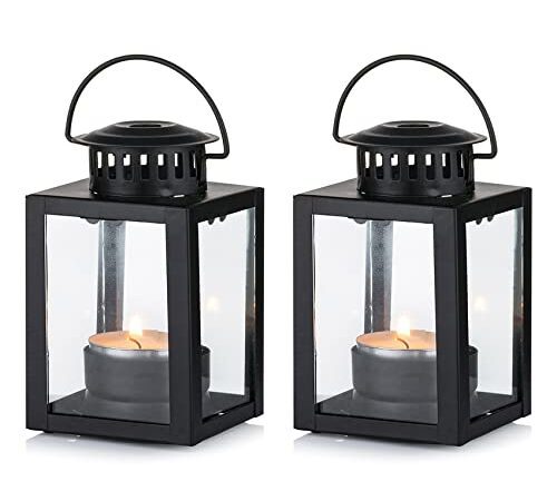 NUPTIO Laternen für Kerzen Gartenlaternen, 2 Stück Vintage Stil Hängen Kleine Laternen für Teelicht Kerze, Schwarze Kerze Teelichthalter für Indoor Outdoor Events Geburtstagsfeier Hochzeit