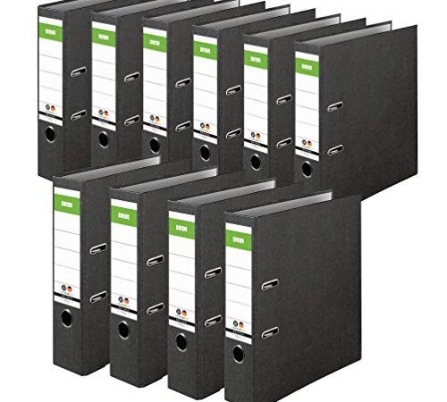 Original DINOR Ordner-Wolkenmarmor-Recycling - Made in Germany. 10er Pack 8 cm breit DIN A4 schwarz Aktenordner Briefordner Büroordner Pappordner Schlitzordner Grüner Balken Blauer Engel