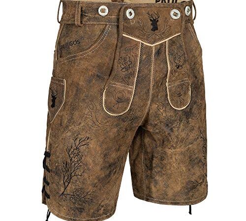 PAULGOS Herren Trachten Lederhose + Träger, Echtes Leder, Kurz in 3 Farben Gr. 44-60 HK3 Antik (Whiskybraun, 52)