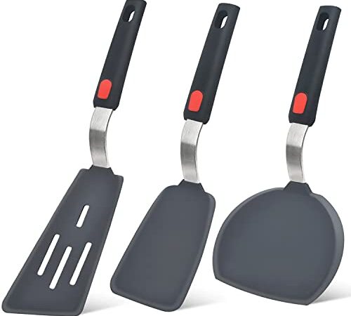 Pfannenwender Silikon 3er Set, Beijiyi 315 °C Hitzebeständige Spatel aus Silikon für Antihaft-Kochgeschirr, BPA Frei Küchenutensilien, Große Flexible Pfannenwender für Ei, Pfannkuchen, Fisch, Burger