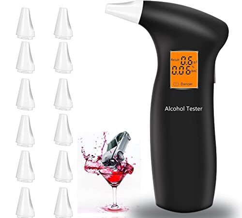 PUTAII Alkoholtester mit 12 Mundstücken, Polizeigenau Alkoholmessgeräte Professioneller Alkohol Tester Promilletester Hoher Genauigkeit mit Halbleiter Sensorik Digital LCD Bildschirm