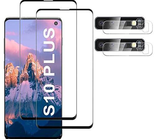 Schutzfolie Kompatibel für Galaxy S10 Plus, Fingerabdrucksensor Kompatible, +Linse Schutzfolie, [2+2 Stück] 3D Full Screen Panzerglasfolie, 9H Härte, HD Klar, Displayschutzfolie für Galaxy S10 Plus