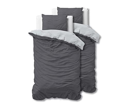‎Sleeptime 100% Baumwolle Bettwäsche 135cm x 200cm 4teilig Grau/Anthrazit - weich & bügelfrei Bettbezüge mit Reißverschluss - zweifarbiges Bettwäsche Set mit 2 Kissenbezüge 80cm x 80cm