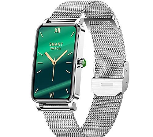 Smartwatch Damen Silber,Elegant Fitnessuhr für Android/IOS,IP68 Wasserdicht/Herzfrequenz/Schlafüberwachung/Schrittzähler/SMS Notification,1.45" Rechteckig Smart Watch mit 12 Sportmodi