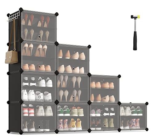 SONGMICS Schuhregal mit 10 Fächern, Schuhschrank, 30 x 40 x 30 cm pro Fach, schmal, mit Türen, Stahlrahmen, Kunststoff, für Flur, Schlafzimmer, Eingangsbereich, schwarz LPC035B01