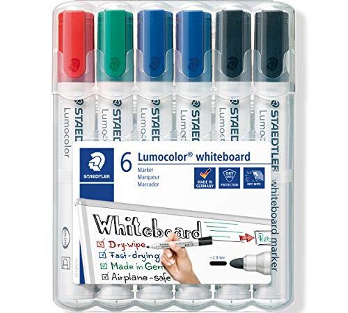 STAEDTLER Lumocolor 351 WP6 X Whiteboard-Marker (Rundspitze ca. 2 mm Linienbreite, Set mit 6 Markern, Hohe Qualität, trocken und rückstandsfrei abwischbar von Whiteboards)