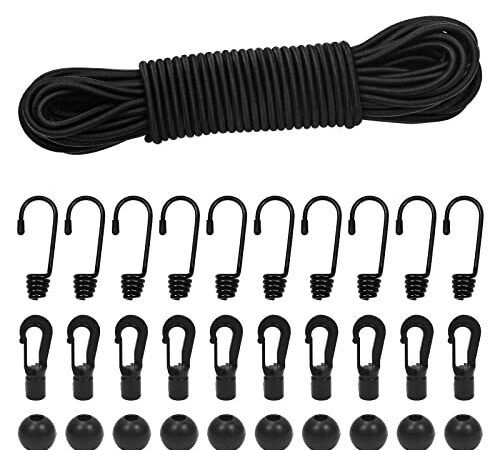 suruikei Gummiseil 4mm 15m schwarz, elastisches Expanderseil Gummischnur Gummikordel Gummiband Planenseil Spannseil mit Haken Zubehör DIY (Schwarz, 4mm x 15m)