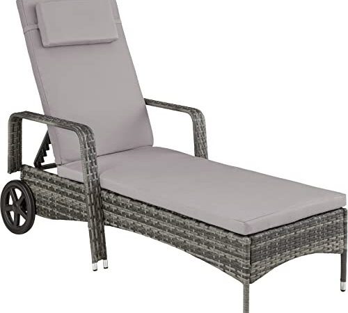 TecTake Poly Rattan Gartenliege mit Rollen, 6-Fach höhenverstellbarer Liegestuhl, bis 120kg belastbar, Sonnenliege Rattan (wetterfest), Liege inkl. Polster und Kissen - grau