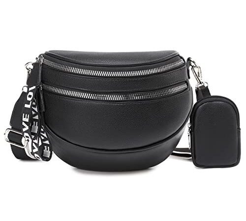 Travistar Umhängetasche Damen Klein - Breiter Gurt Herren Schultertasche Moderne Taschen Stylish Bauchtasche Vegan Leder Brusttasche mit Münze Geldbeutel - Sportlich Crossbody Bag Schwarz