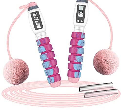 VINSOC Springseil mit Zähler, Speed Rope Springseil Erwachsene mit Kalorienzähler zum Abnehmen, Längenverstellbares Seil für Männer, Frauen und Kinder - Rosa Schaumstoffgriff