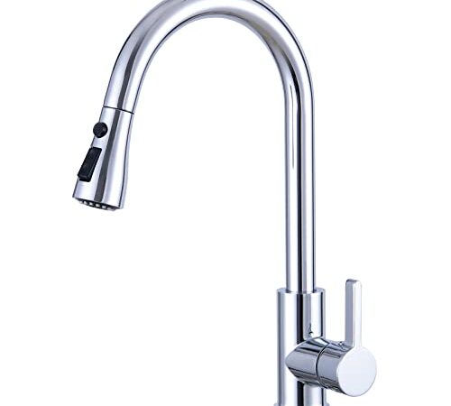 Wasserhahn Küche, Hochdruck Küchenarmatur Ausziehbar 360° Schwenkbar, Einhebel Spültischarmatur mit Brause 3 Modus, Hohe Bogen Mischbatterie Küche, Armatur Küche Ausziehbar Edelstahl Chrom