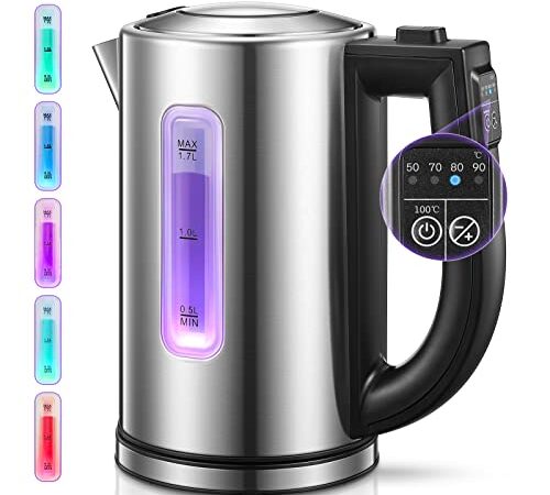 Wasserkocher 2200W Edelstahl 1,7L mit LED Beleuchtung-Farbe je nach Temperaturwahl 50, 70, 80, 90, 100 °C | 2 Std Warmhaltefunktion| Kalk-Filter
