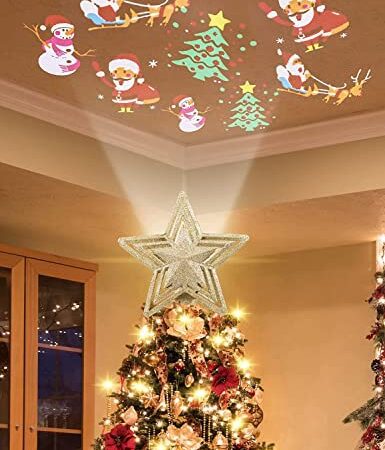Weihnachtsdeko Christbaumschmuck, Weihnachtsbaumspitze Stern Weihnachtsbaum Topper, Christbaumspitze LED Weihnachtsmann Projektor 180° drehbare Musterprojektion für Weihnachten, Party, Innendekoration