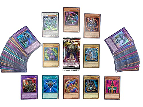 Yu-Gi-Oh! Kartenset mit 100 Karten( 85 Commons - 10 rares - 5 Holos ) - Garantiert Dunkler Magier oder Blauäugiger w. Drache Plus 1 Booster Plus 100 Heartforcards® Card Guard Soft Sleeves