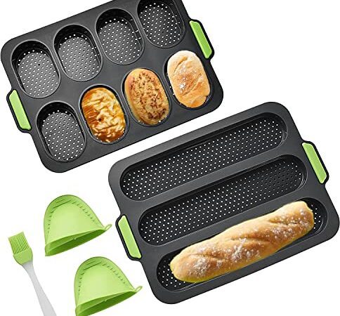 YXIAOO Backform Baguette Backblech Brötchen Brotbackformen Baguetteblech Backen von Baguettebrot Brot Langbrot Hot Dog mit 2 Isolationshandclip+Ölpinsel (Grau, Baguette)