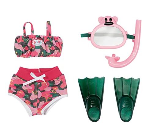 Zapf Creation 832806 BABY born Weekend Deluxe Tauchspaß 43cm - Puppenzubehör Badeset Schwimmset für Puppen mit Bikini, Tauscherbrille, Schnorchel und Flossen in rosa und dunkelgrün.