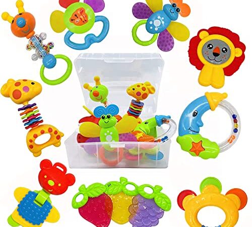AIVIAI Baby Rassel Beißring Set Baby Spielzeug 6 Monate Babyspielzeug ab 3 6 9 12 Monaten Shaker Greifen Rassel Neugeborenes Spielzeug Musikalische Rasseln für Babys und Kleinkinder Geschenk（11 PCS）