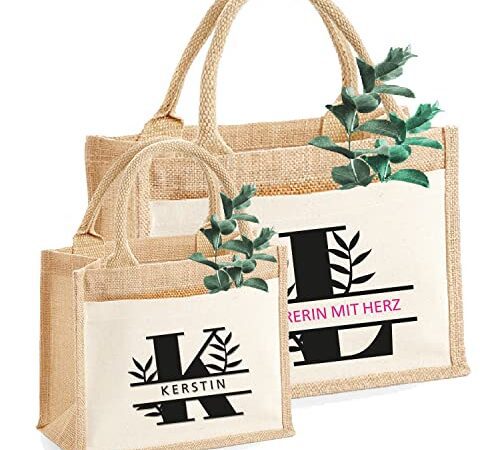 AMBERGER DESIGN by A&M Osterhage amd Jutetasche personalisiert Split Monogramm Initial personalisiert | Kleine oder Mittlere Größe Geschenk-Tasche Jute-Beutel Nachhaltig | hochwertig Größe S od.M