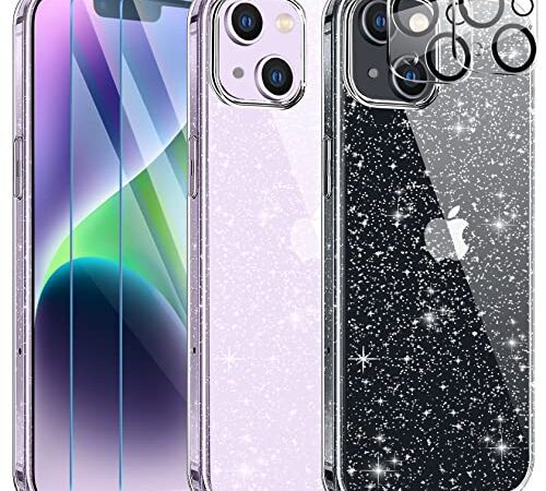 AROYI [5 in 1 Klar Glitzer Handyhülle Kompatibel mit iPhone 14 Plus Hülle Glitzer mit 2 Stück Schutzfolie + 2 Stück Kameraschutz, Handyhülle Transparent Weiche TPU Silikon Case [Anti-Yellowing]
