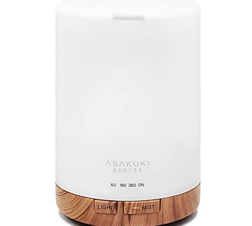 ASAKUKI 300ml Aroma Diffuser für Duftöle, 5 In 1 Ultraschall Aromatherapie Diffusor, Luftbefeuchter mit Timer, Automatischer Abschaltung bei Wasserlosem Zustand, und 14 Arten LED Lichtfarben-Gelb