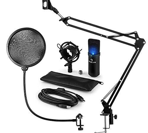 auna Mikrofonset V4 - Heimstudio Set, 3-teilig, MIC-900B, USB Kondensatormikrofon, Pop-Schutz, faltbarer Mikrofonarm, Mikrofonspinne, Plug & Play, Tragkraft 1,5 kg, schwarz