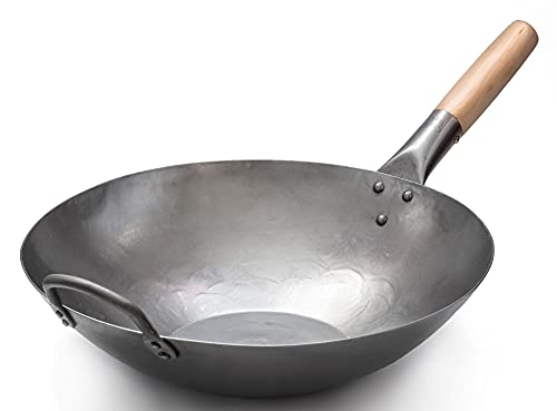 Craft Wok 731W316 Pow-Wok, flach, handgehämmerter Karbonstahl, mit Holz- und Stahlgriff, 35,6 cm, flacher Boden, flach, 731W316