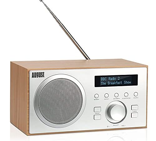 DAB+/FM Radio mit Bluetooth-August MB420-Digitales Küchenradio mit Holzgehäuse mit RDS-Funktion 60 Presets Hifi Bluetooth Lautsprecher 5W - Radiowecker mit Sleeptimer Alarm Snooze - USB/Aux-In/Aux-Out