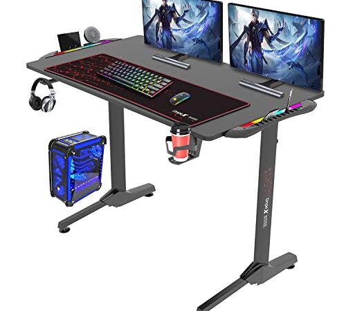 Dripex Gaming Tisch mit LED, Gaming Schreibtisch 110cm, ergonomischer Computertisch mit Getränke-, und Kopfhörerhalter, schwarz