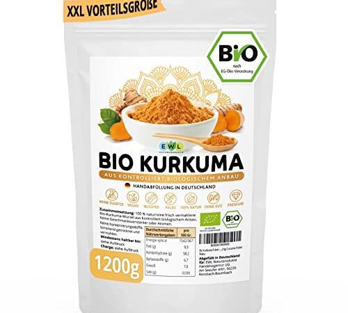 EWL Naturprodukte Bio Kurkuma Pulver 1200g extra XXL Bio-Vorteilspack Kurkuma Pulver Bio Kurkumapulver aus kontrolliert biologischem Anbau Abgefüllt + kontrolliert in Deutschland Curcuma Pulver