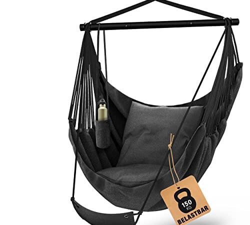 FALKENWERK - Hängesessel mit Fußstütze - Ultra bequemer Hängestuhl [bis 150 kg] - Sicherer Hängesitz mit Getränkehalter & Bücherfach - Hängeschaukel für Indoor & Outdoor - Hängesessel ohne Gestell